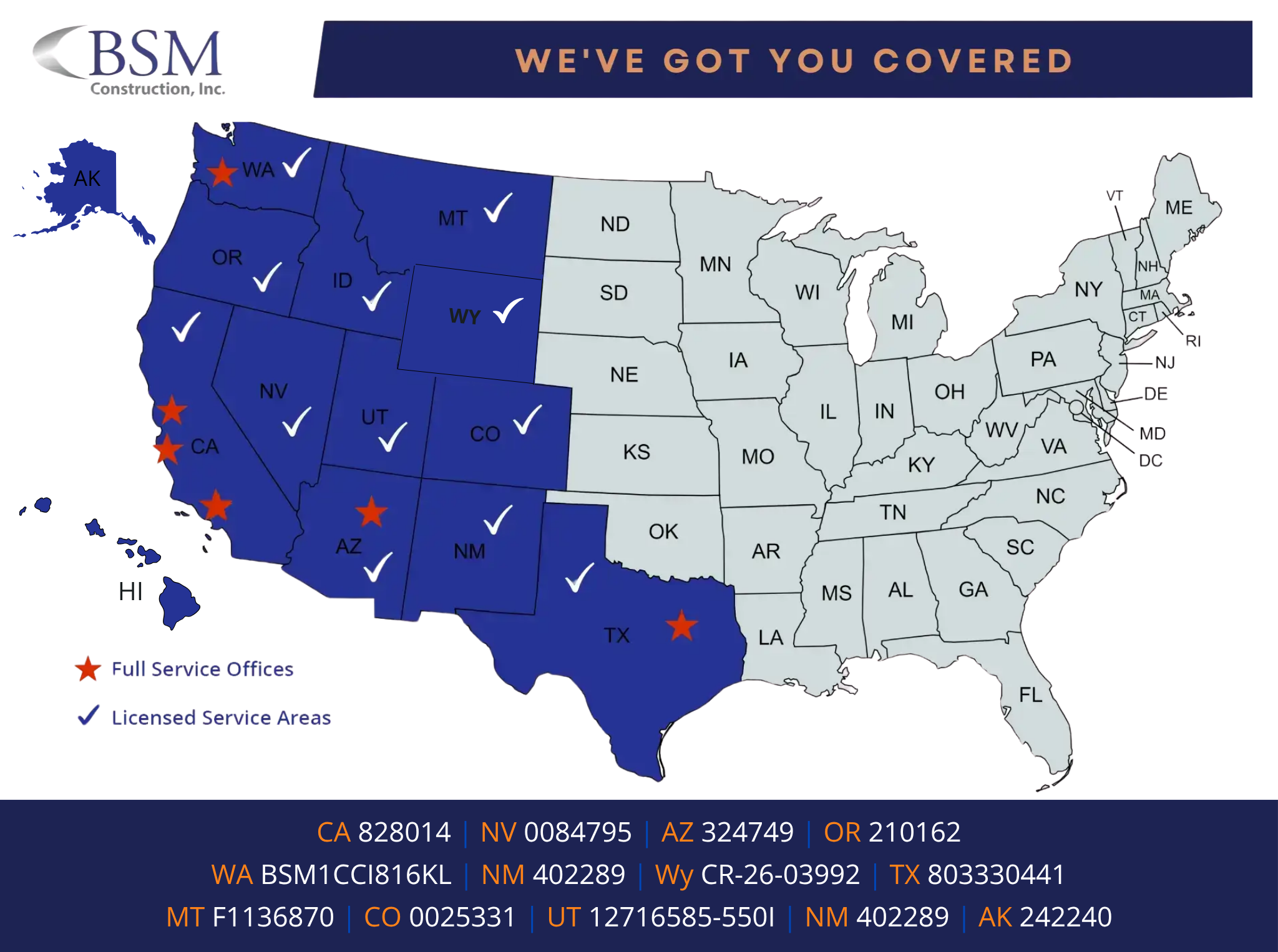 BSM Construction General Contractor License Map
